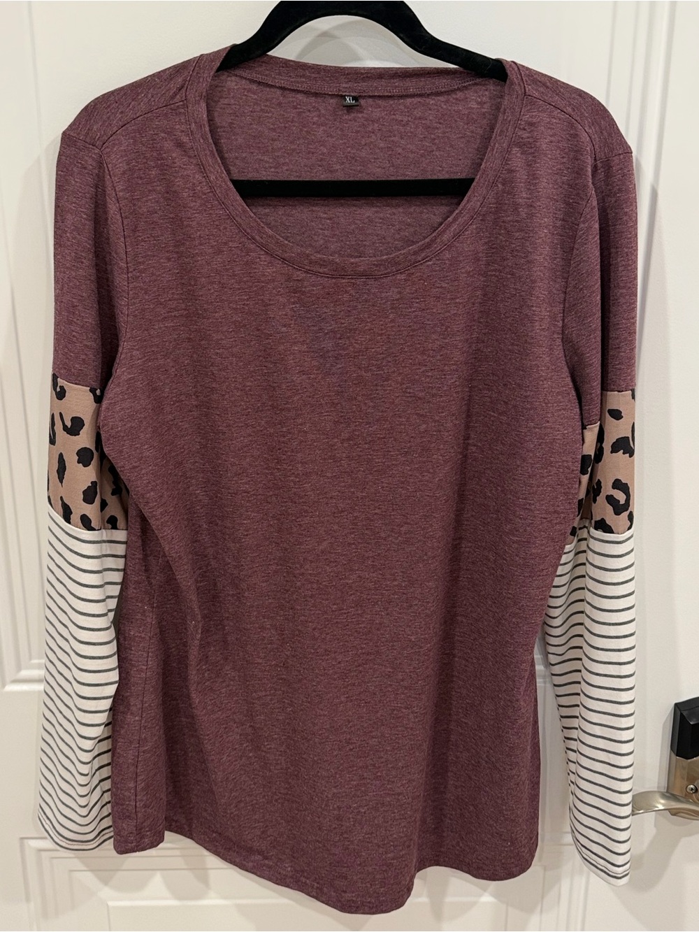 Women’s Long Sleeve Colorblock Top - Wine with Leopard & Stripes